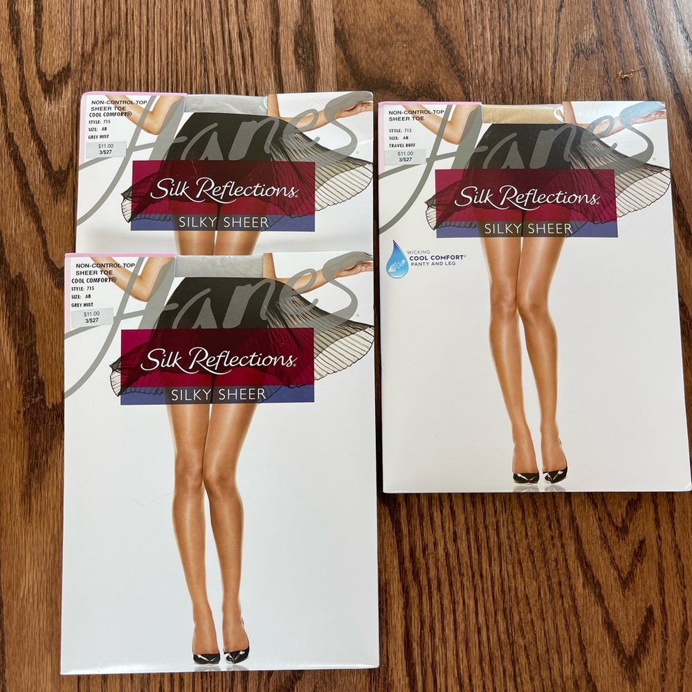 NWT 3 pair of Hanes silk reflection stockings. Sz AB. 2 GrayMist. 1 TravelBuff.